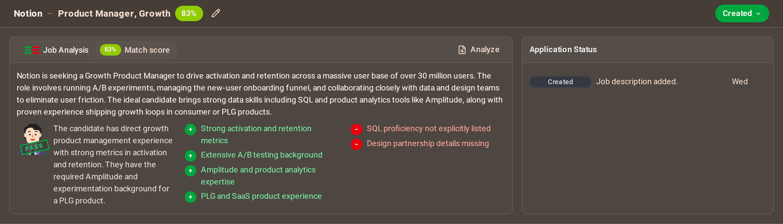 ganza fit score and job analysis: synopsis, what matches and what is missing