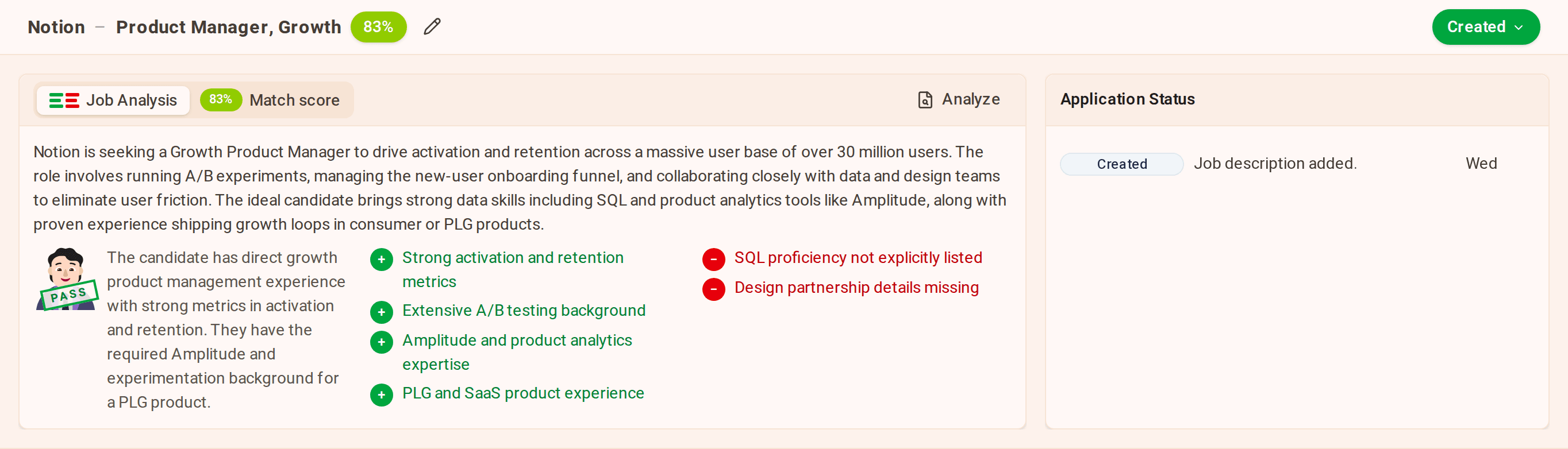 ganza fit score and job analysis: synopsis, what matches and what is missing