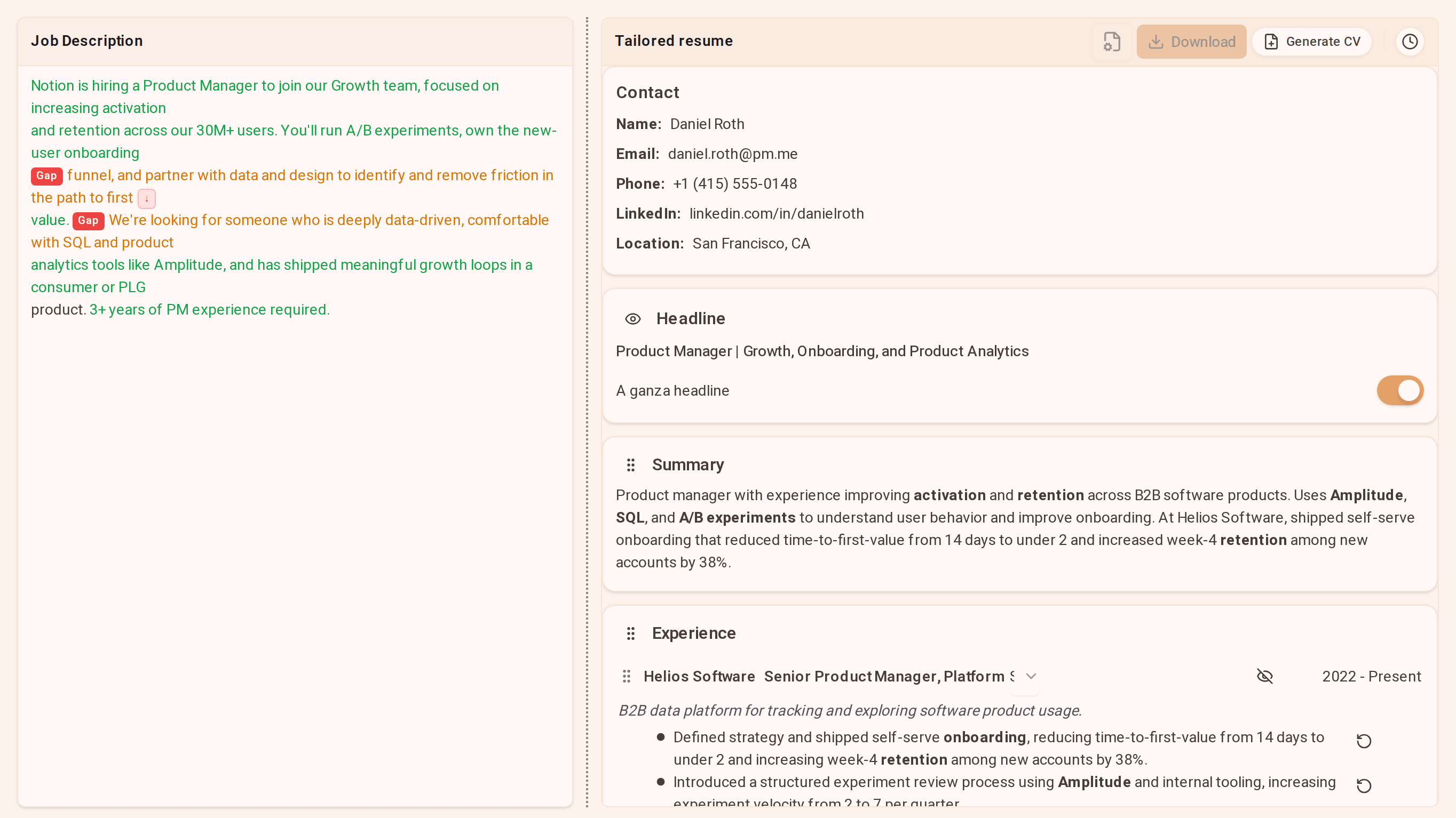 A job description in ganza, each sentence colored by how well your CV matches it