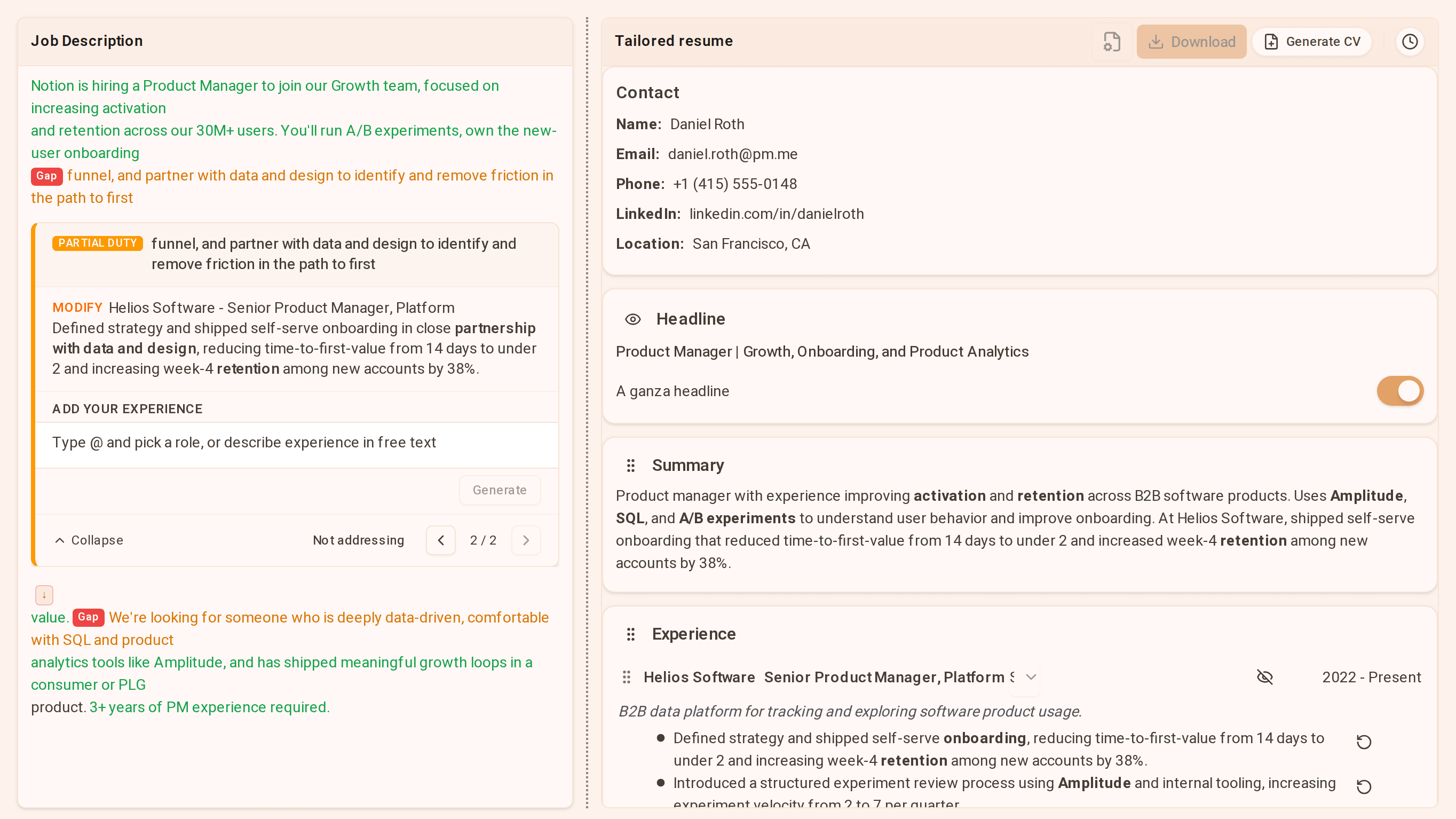 CV tailoring in ganza: a gap highlighted in the posting and a suggested rewrite for a CV line