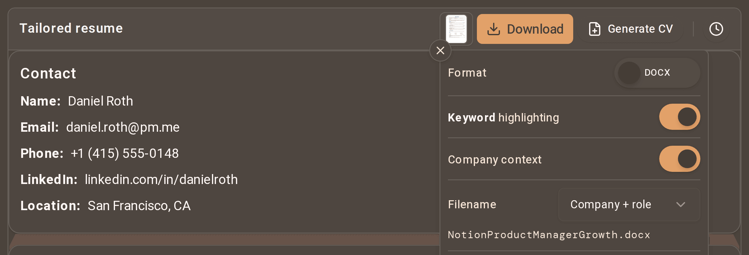 ganza export options: format, keyword highlighting and file name