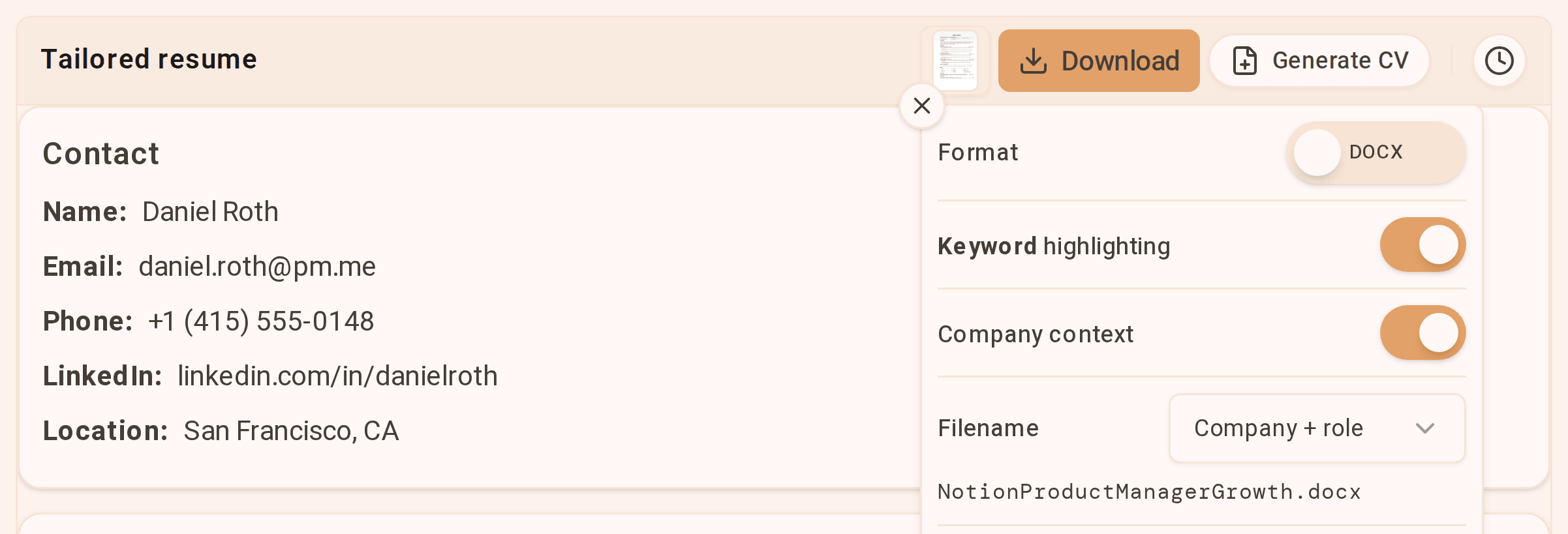 ganza export options: format, keyword highlighting and file name
