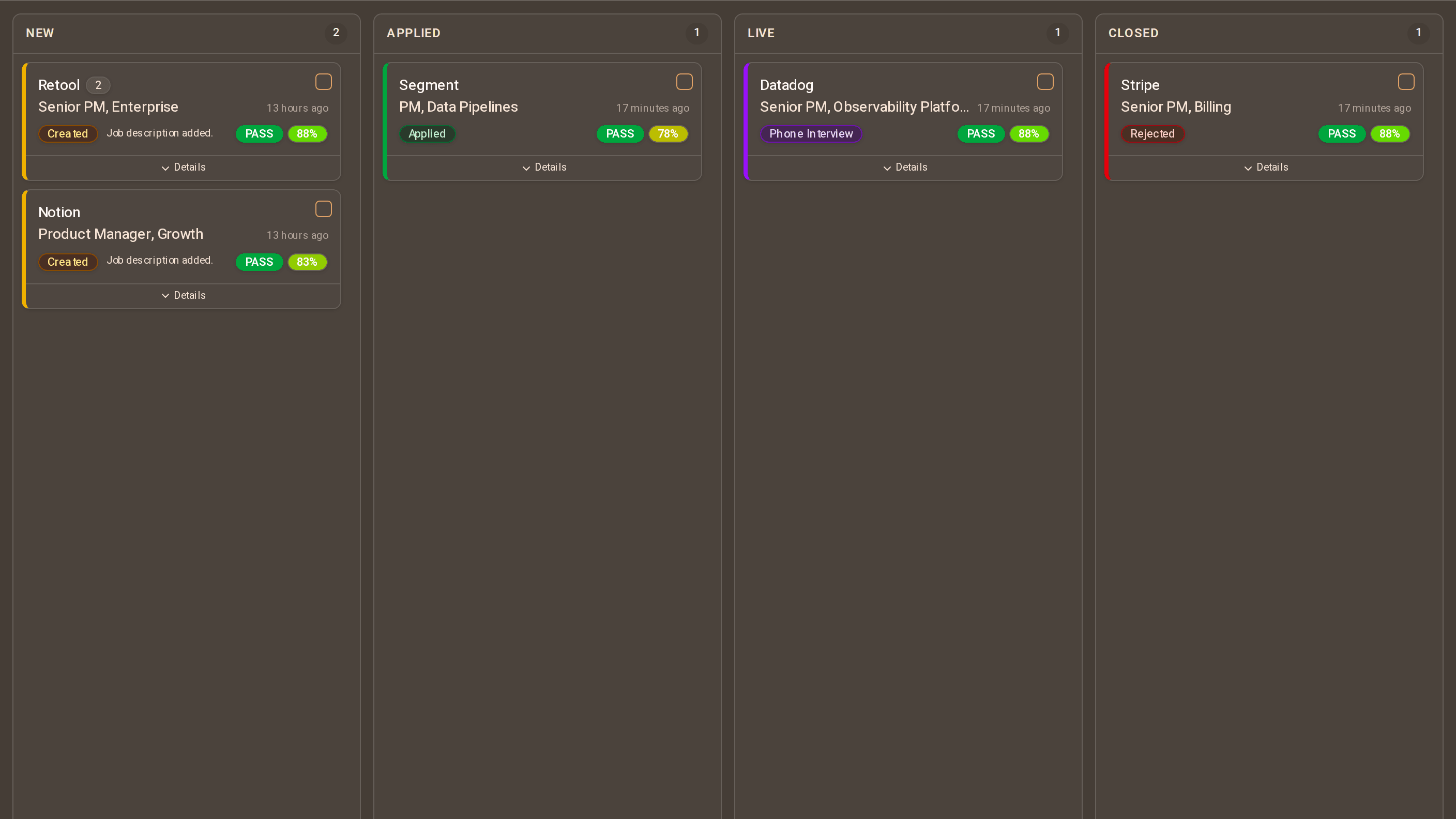 ganza application board: New, Applied, Live and Closed, with a fit score on every job