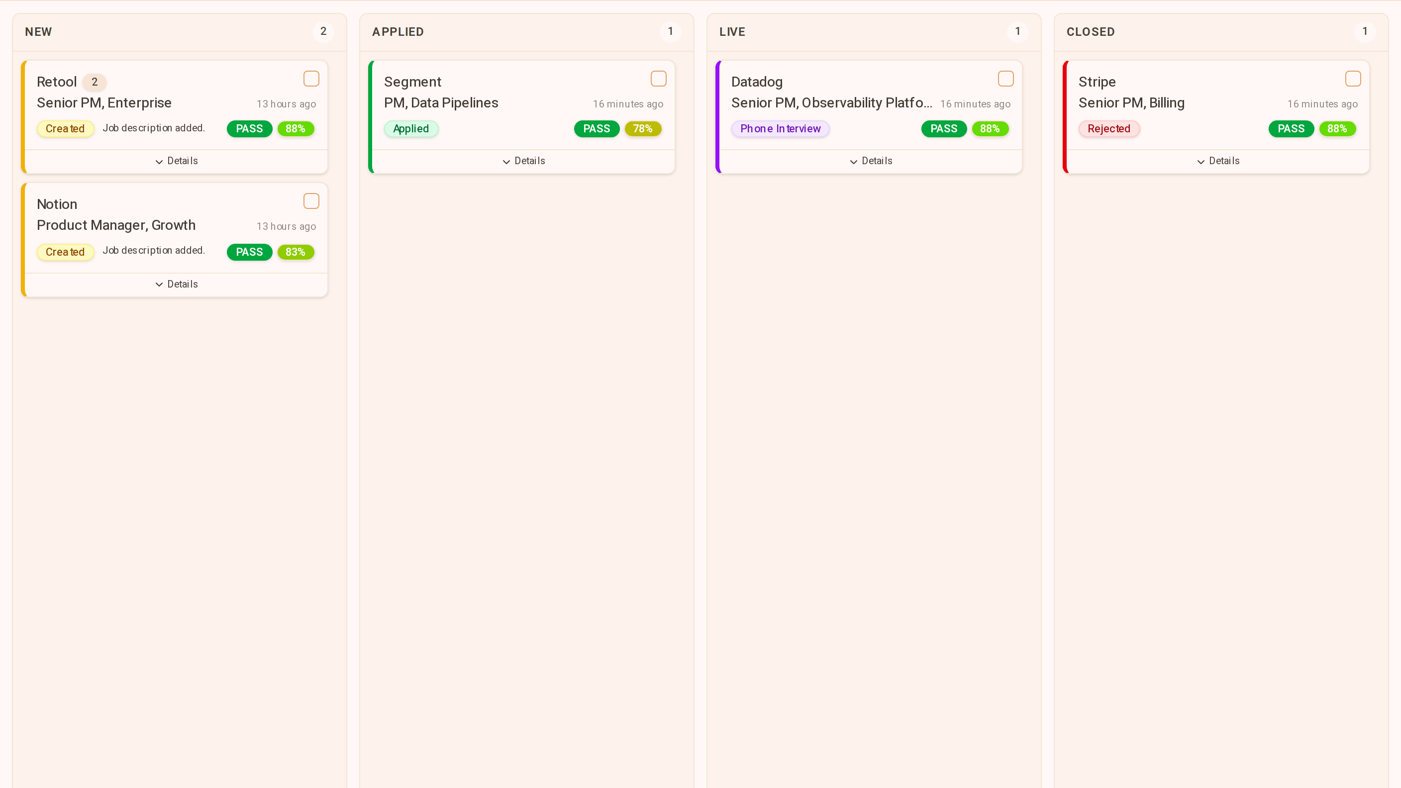 ganza application board: New, Applied, Live and Closed, with a fit score on every job