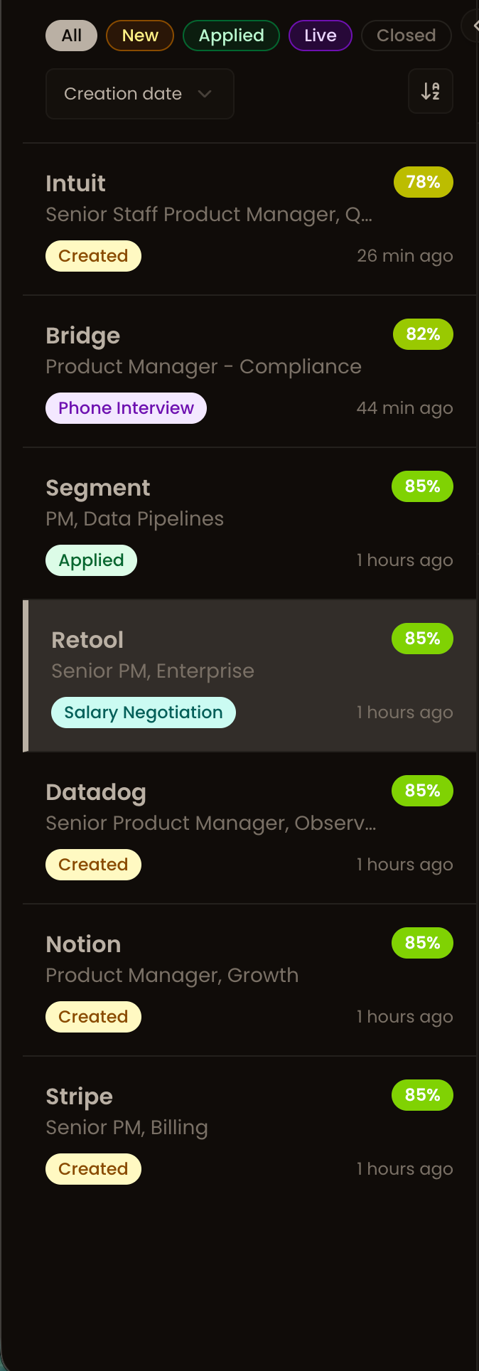 Ganza jobs dashboard — all your applications with fit scores