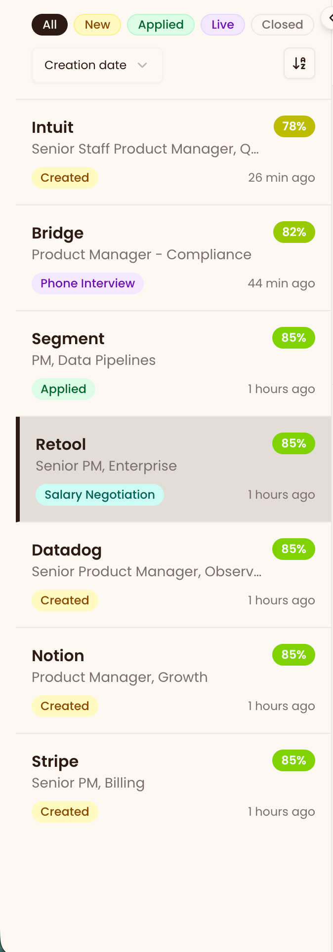 Ganza jobs dashboard — all your applications with fit scores