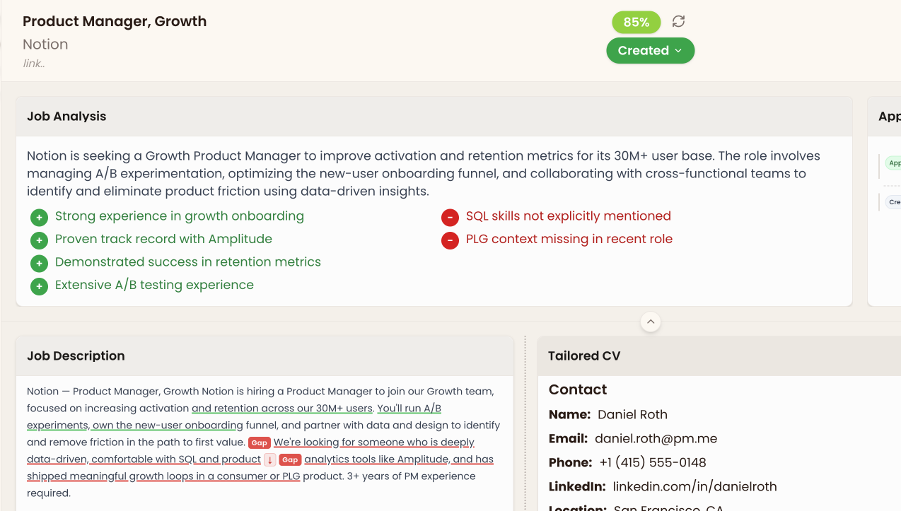 Ganza fit score and job analysis — synopsis, The Good, and The Bad