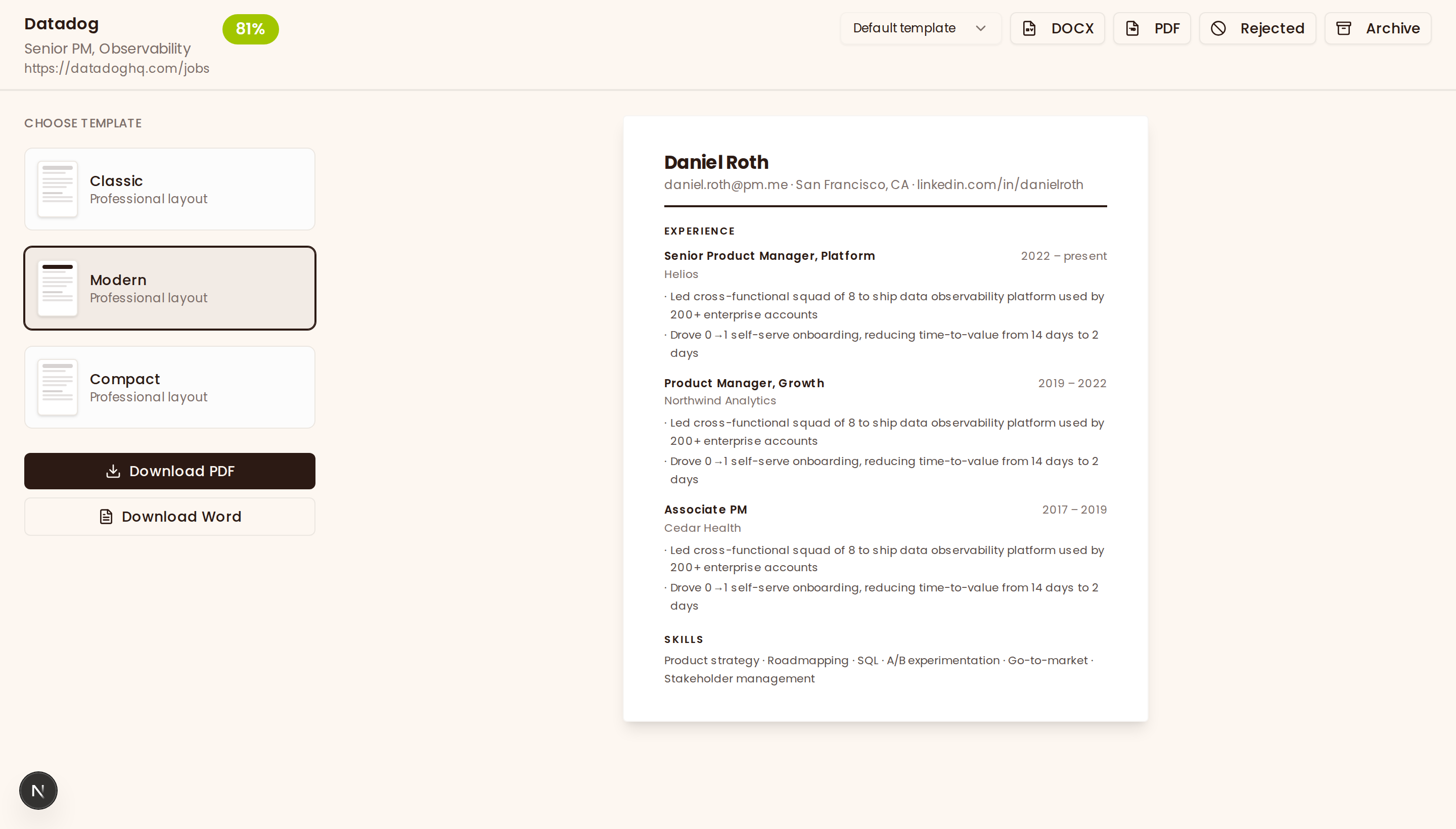 Ganza export panel — template picker, PDF and Word download