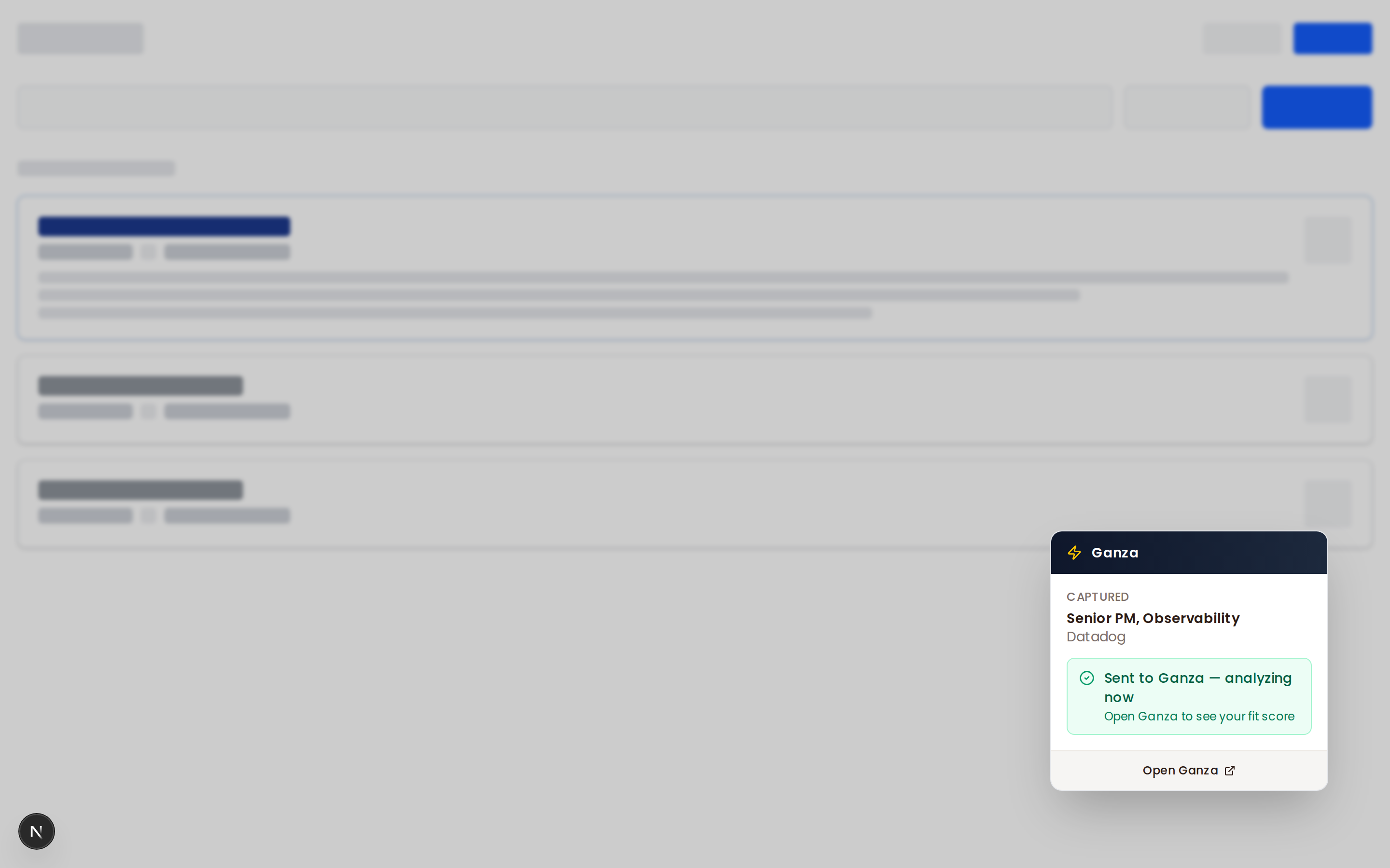 Ganza Chrome extension capturing a job posting