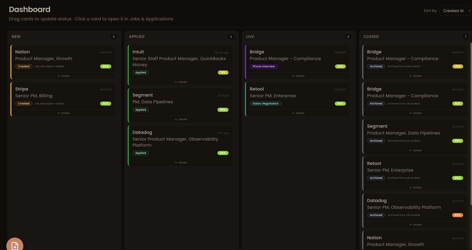 All applications with fit scores and sortable columns