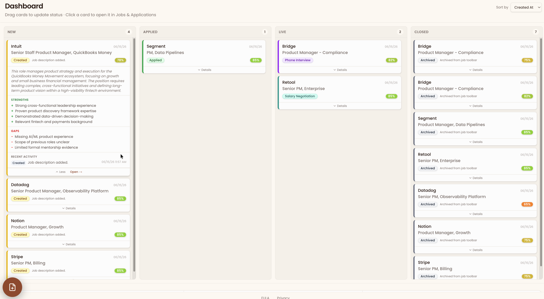 All applications with fit scores and sortable columns