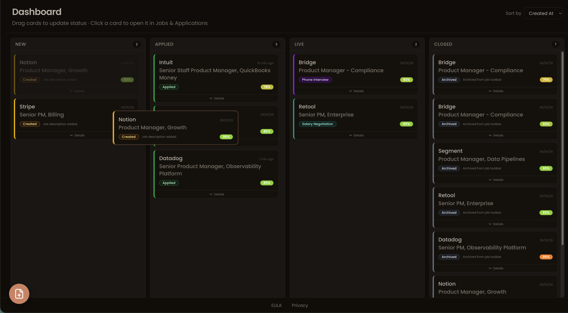 Filter by stage — New, Applied, Live interviews, Closed