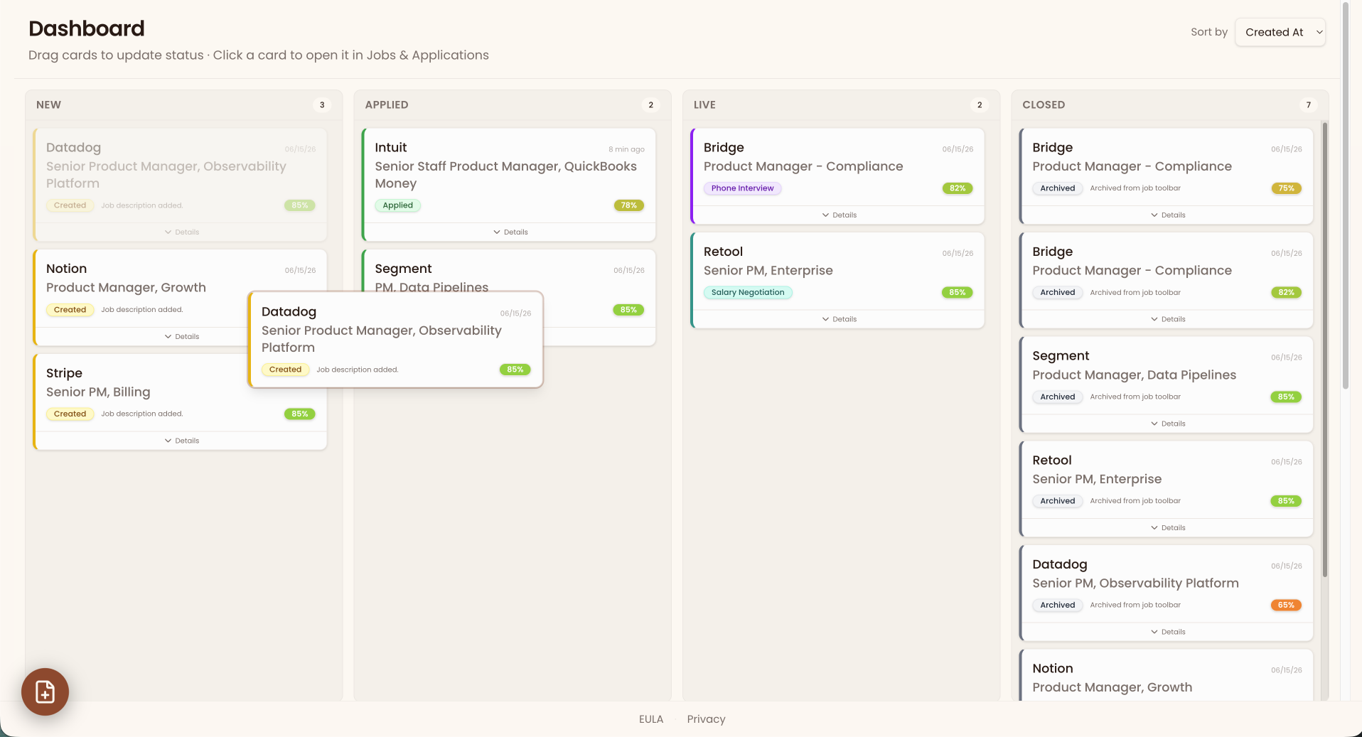 Filter by stage — New, Applied, Live interviews, Closed