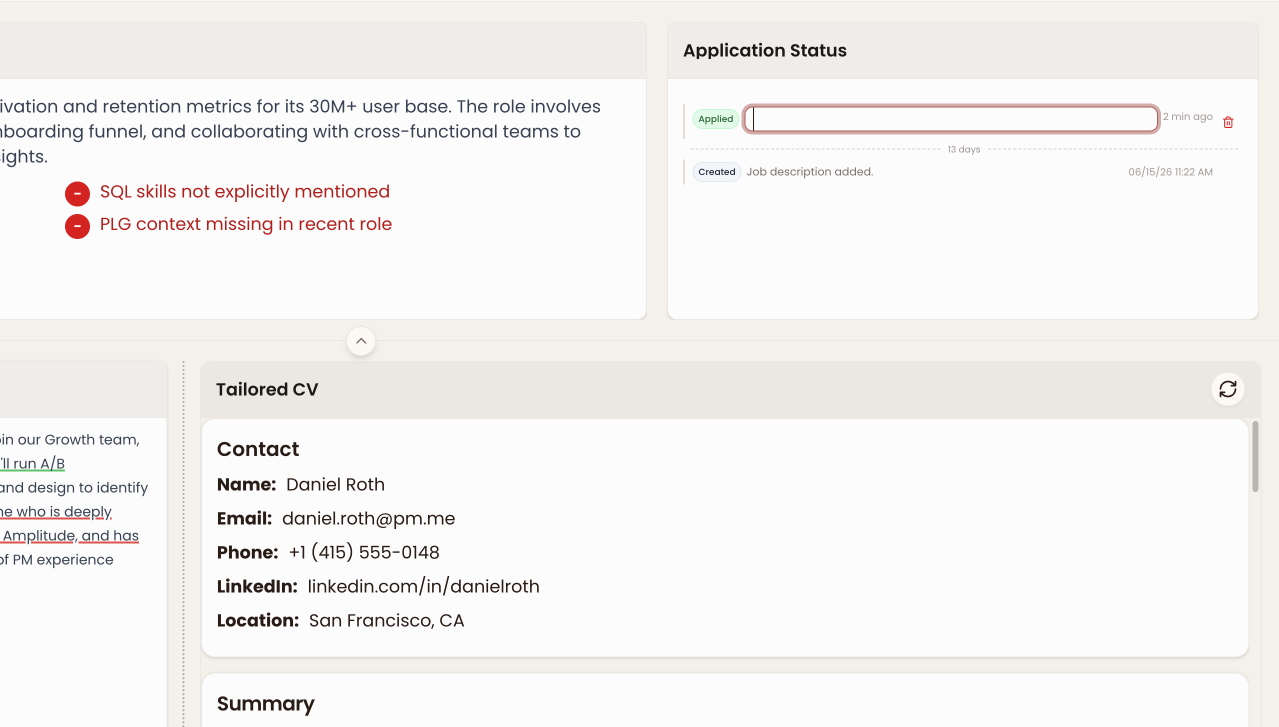 Status history, notes, and workflow per application